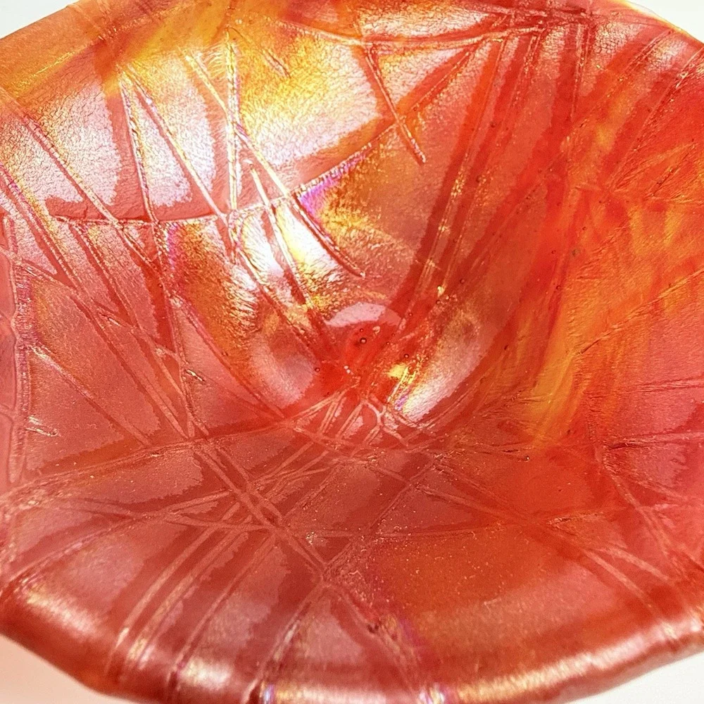 Vintage Red Orange Fused Art Glass Bowl Iridescent Abstract Line Dish